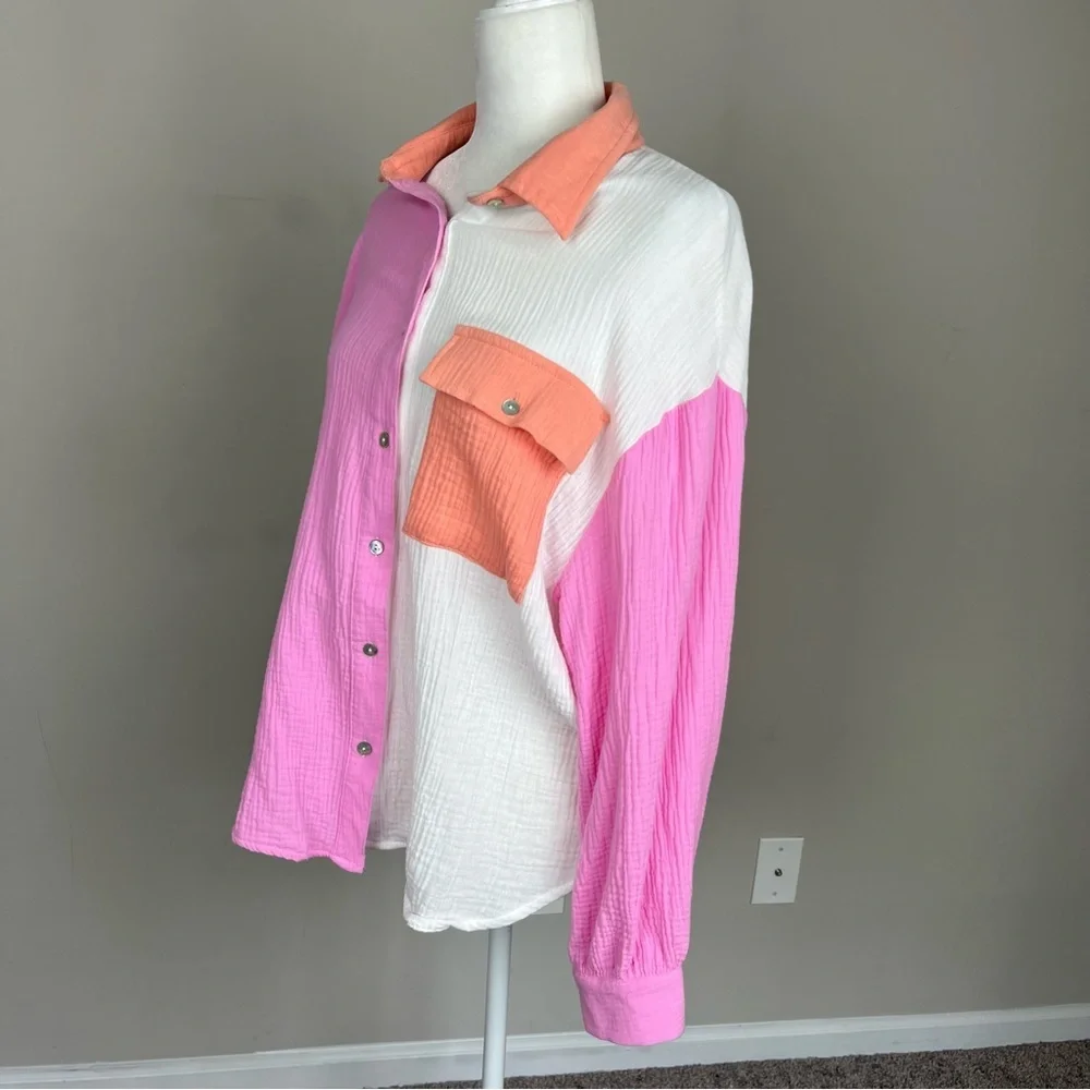 ENTRO COLOR BLOCK BUTTON UP COLLARED COTTON GAUZY TOP SIZE SMALL - Picture 11 of 15